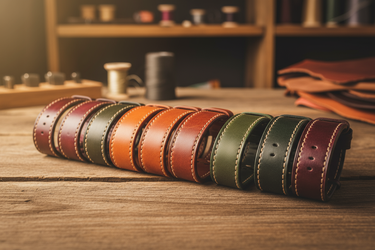 一排皮革腕表表带：深秋配色，手工匠人制作，木质感，温暖感