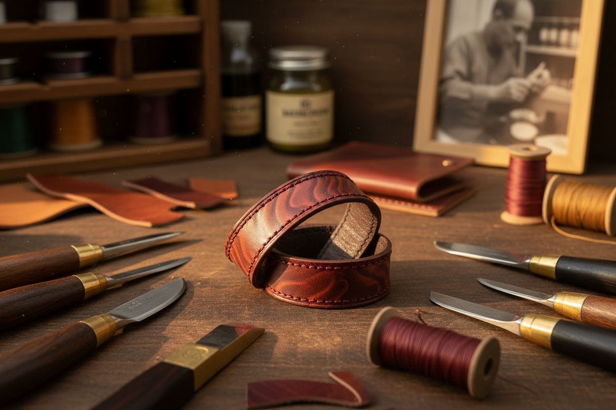 皮质表带产品图：深秋配色，木质感，一些工匠的专业质感，手工艺人的成熟气息