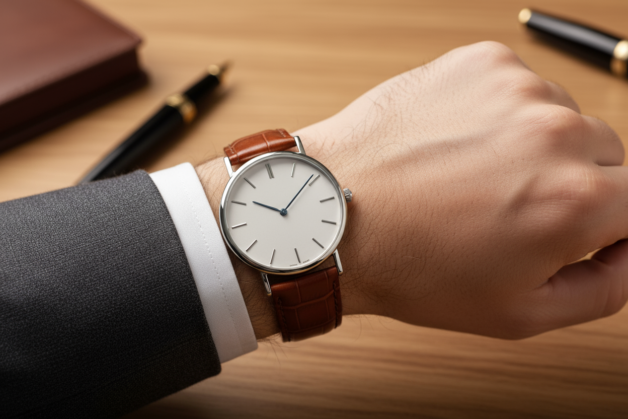 一位男士的手腕上戴着一只优雅简约的正装表配着一条真皮制作的有质感的表带