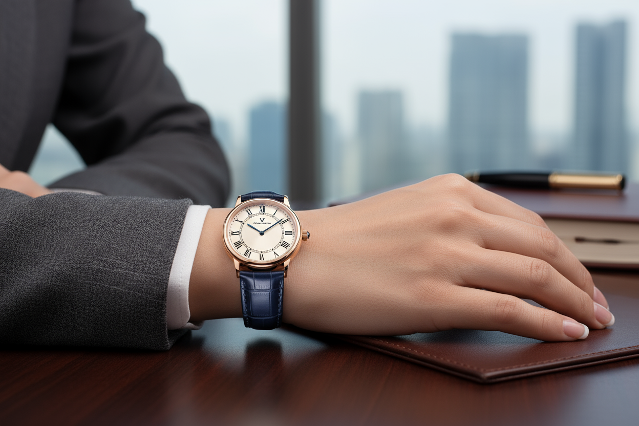 一名优雅的职场女士手腕，戴着一只女士腕表，腕表的表带是高级优雅的皮制表带