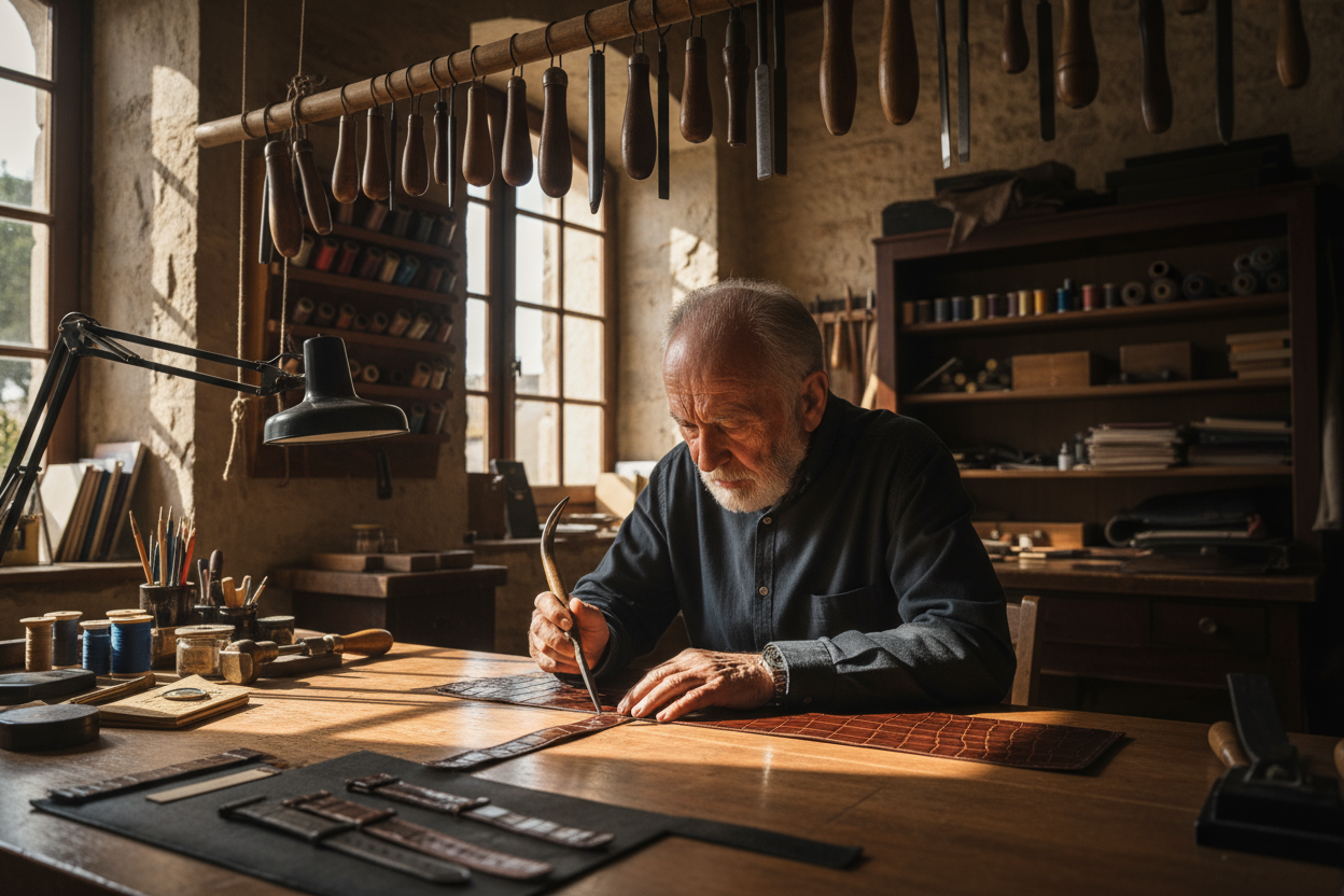 一位上了年纪的皮匠，正在他高级有质感的工作室中专心致志地制作着高级优雅的皮革表带